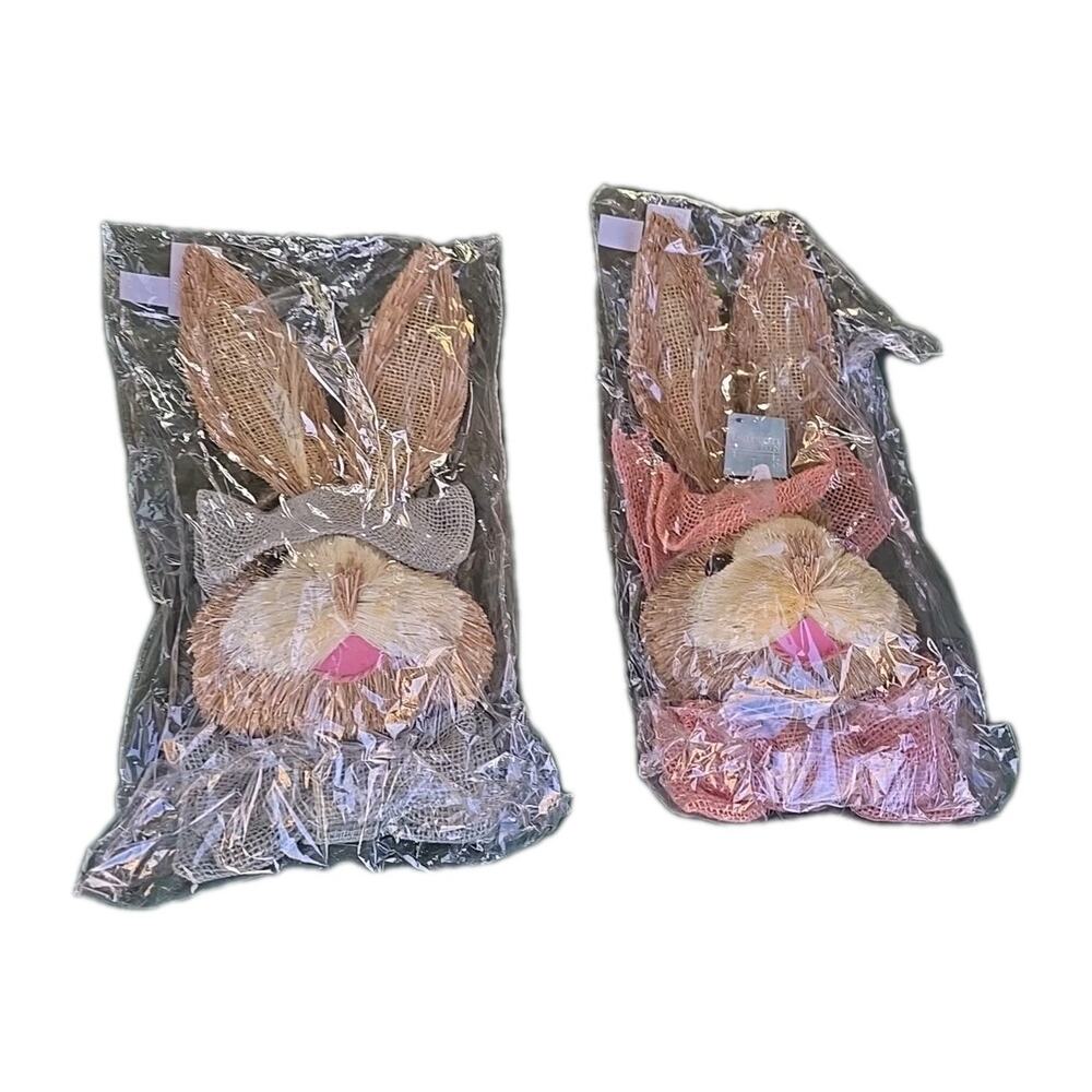 Burton + Burton Burlap Bunny Head Wall Hanging Decor Easter Straw Rabbit Lot X2